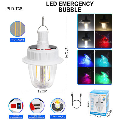Лампочка LED світлодіодна з акумулятором T38-COB+SMD (RGB, 2x18650, сонячна батарея, крюк, ЗП Type-C) Лампочка LED світлодіодна з акумулятором T38-COB+SMD (RGB, 2x18650, сонячна батарея, крюк, ЗП Type-C)
