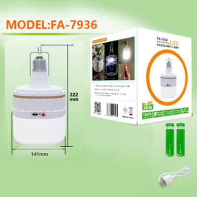 Лампочка LED світлодіодна з акумулятором FA-7936 (30W, E27, 2x18650/3×ААА, крюк, ЗП Type-C) Лампочка LED світлодіодна з акумулятором FA-7936 (30W, E27, 2x18650/3×ААА, крюк, ЗП Type-C)