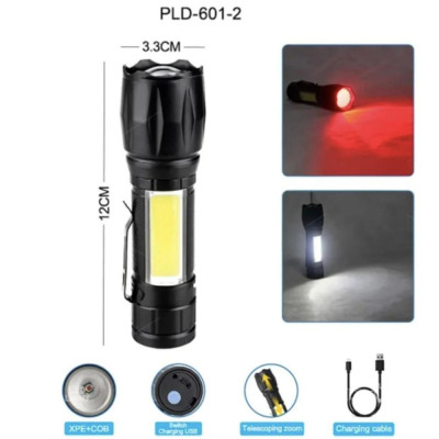 Ліхтарик W601-XPE(red)+COB(White), Li-Ion акум., ЗП microUSB, zoom