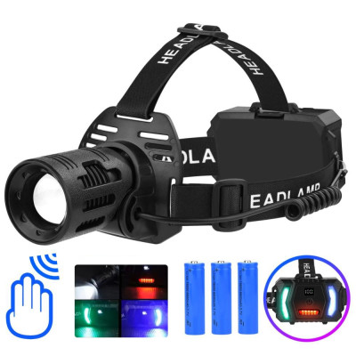 Ліхтарик налобний CARBON BL-2322-TG+3LED (White+red+blue+green), Motion Sensor, 3x18650, ЗУ Type-C, zoom