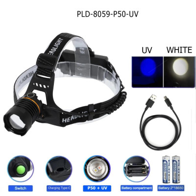 Ліхтарик налобний PLD-8059-P50+UV, 2x18650, ЗУ Type-C, zoom Ліхтарик налобний PLD-8059-P50+UV, 2x18650, ЗУ Type-C, zoom