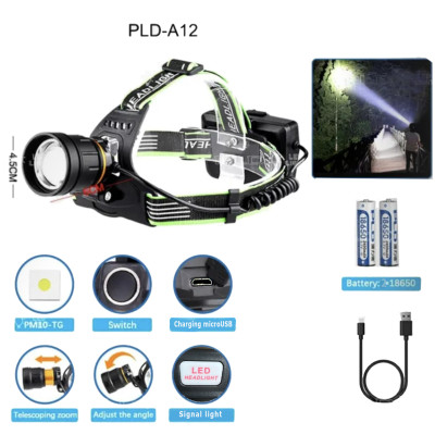 Ліхтарик налобний PLD-A12-TG, 2x18650, zoom, ЗУ microUSB
