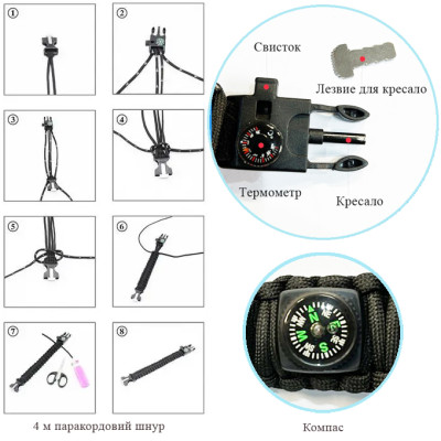 Годинник наручний 2202BK SKMEI PARACORD, Black, Compass, термометр, свисток, кресало