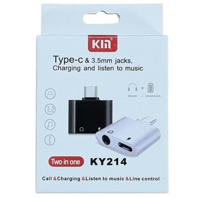 Перехідник Type-c to AUX 2в1 KIN KY-214 (зарядка + навушники) Перехідник Type-c to AUX 2в1 KIN KY-214 (зарядка + навушники)