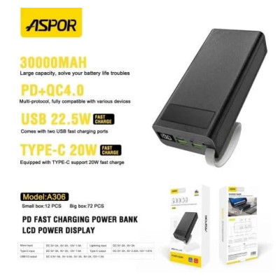 Power Bank Aspor A306 Fast Charge 30000mAh (QC+PD) 22.5W- чорний Power Bank Aspor A306 Fast Charge 30000mAh (QC+PD) 22.5W- чорний