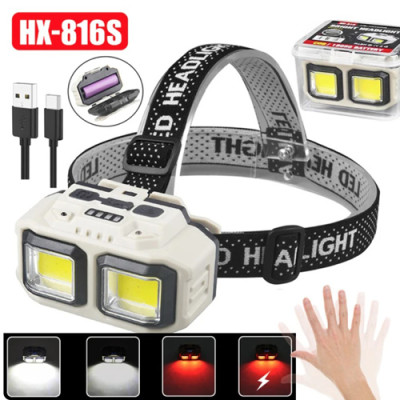 Ліхтарик налобний HX-816S-2COB (white+red), Motion Sensor, ЗП Type-C, 1х18650