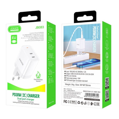 Мережевий зарядний пристрій Jokade JB083 RONGNAN PD30W / 2USB-C- білий Мережевий зарядний пристрій Jokade JB083 RONGNAN PD30W / 2USB-C- білий