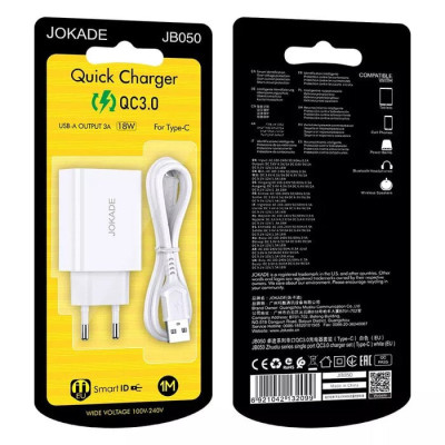 Мережевий зарядний пристрій Jokade JB050 ZHUOTU (QC3.0 18W)+ USB кабель Type-C- білий