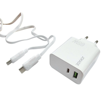 Мережевий зарядний пристрій Jokade JB046 LISI PD65W (USB-A+USB-C) + кабель Type-C to Type-C- білий Мережевий зарядний пристрій Jokade JB046 LISI PD65W (USB-A+USB-C) + кабель Type-C to Type-C- білий