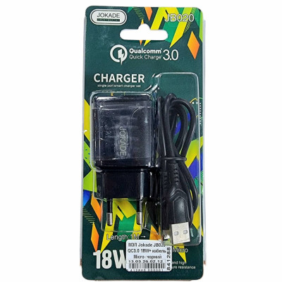 Мережевий зарядний пристрій Jokade JB020 HAOQIANG (QC3.0 18W)+ USB кабель Micro- чорний