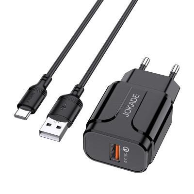 Мережевий зарядний пристрій Jokade JB020 HAOQIANG (QC3.0 18W)+ USB кабель Type-C- чорний