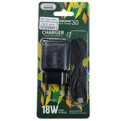 Мережевий зарядний пристрій Jokade JB020 HAOQIANG (QC3.0 18W)+ USB кабель Type-C- чорний
