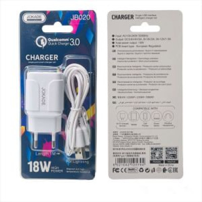 Мережевий зарядний пристрій Jokade JB020 HAOQIANG (QC3.0 18W)+ USB кабель Type-C- білий