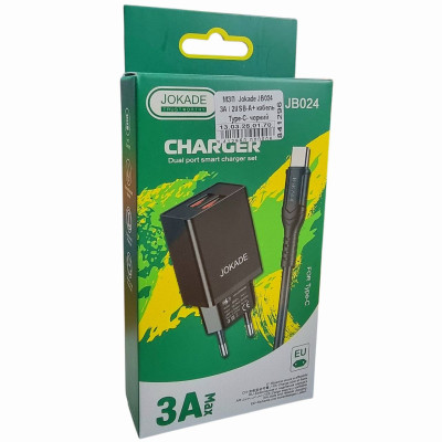 Мережевий зарядний пристрій Jokade JB024 Liangzi (3A / 2USB-A)+ USB кабель Type-C- чорний