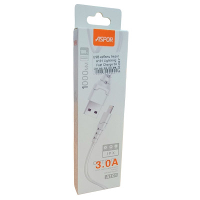 USB кабель Aspor A101 Lightning Fast Charge 3A/1м- білий