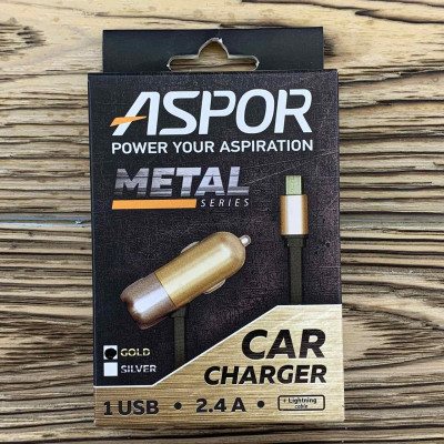 Автомобільний зарядний пристрій Aspor A38C Lightning Metal Series 2.4A/1USB- чорно-золотий Автомобільний зарядний пристрій Aspor A38C Lightning Metal Series 2.4A/1USB- чорно-золотий
