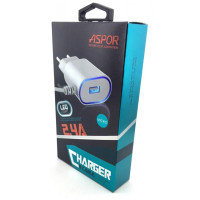 Мережевий зарядний пристрій Aspor A802 Plus (1USB/2.4A) LED + USB кабель Type-C- білий Мережевий зарядний пристрій Aspor A802 Plus (1USB/2.4A) LED + USB кабель Type-C- білий