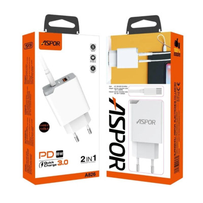 Мережевий зарядний пристрій Aspor A826 PD 20W + QC Fast Charger + USB кабель Type-C- білий