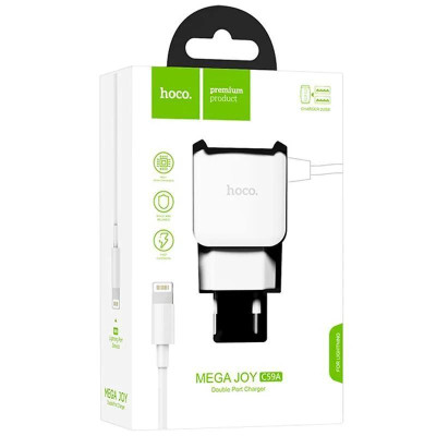 Мережевий зарядний пристрій Hoco C59A (2USB/2.4A) з цільним кабелем Type-C- білий