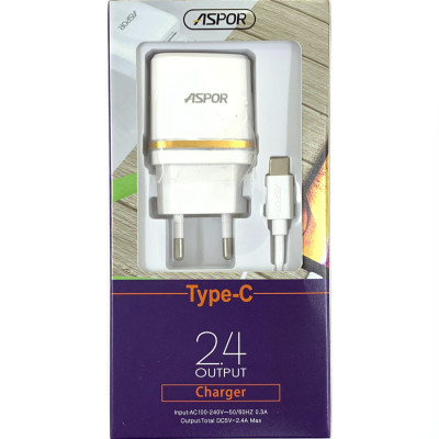 Мережевий зарядний пристрій Aspor A828 Econom пак (2USB/2.4A) + USB кабель Type-C- білий Мережевий зарядний пристрій Aspor A828 Econom пак (2USB/2.4A) + USB кабель Type-C- білий