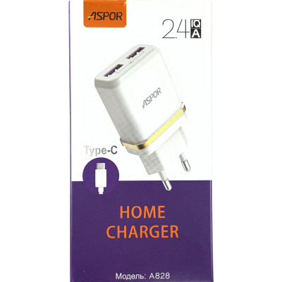 Мережевий зарядний пристрій Aspor A828 Econom пак (2USB/2.4A) + USB кабель Type-C- білий Мережевий зарядний пристрій Aspor A828 Econom пак (2USB/2.4A) + USB кабель Type-C- білий