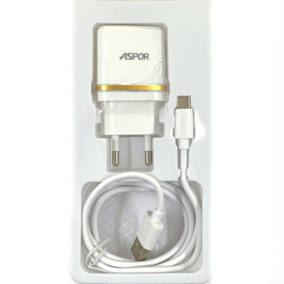 Мережевий зарядний пристрій Aspor A828 Econom пак (2USB/2.4A) + USB кабель Type-C- білий Мережевий зарядний пристрій Aspor A828 Econom пак (2USB/2.4A) + USB кабель Type-C- білий