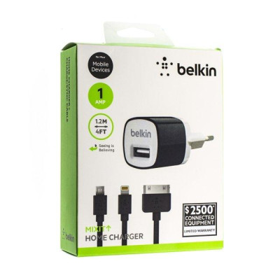 Мережевий зарядний пристрій (High quality) Belkin + USB кабель iPhone 5/6 (1A)- чорний Мережевий зарядний пристрій (High quality) Belkin + USB кабель iPhone 5/6 (1A)- чорний