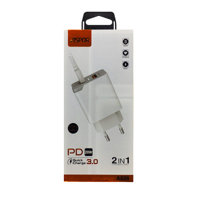 Мережевий зарядний пристрій Aspor A826 PD + QC Fast Charger 2в1 Type-C to Type-C- білий Мережевий зарядний пристрій Aspor A826 PD + QC Fast Charger 2в1 Type-C to Type-C- білий