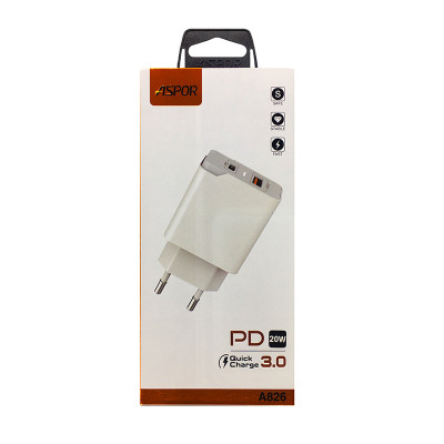 Мережевий зарядний пристрій Aspor A826 PD 20W + QC Fast Charger- білий Мережевий зарядний пристрій Aspor A826 PD 20W + QC Fast Charger- білий