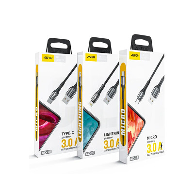 USB кабель Aspor AC-08 Micro Nylon/LED 3A/1.0м- чорний