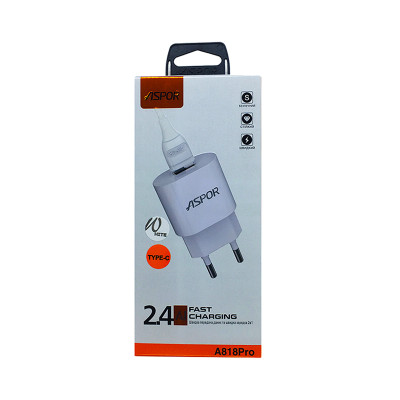Мережевий зарядний пристрій Aspor A818 Plus (2.4A iQ) + USB кабель Type-C- білий Мережевий зарядний пристрій Aspor A818 Plus (2.4A iQ) + USB кабель Type-C- білий
