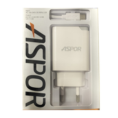 Мережевий зарядний пристрій Aspor A822 Fast Charger (18W QC3.0 1USB/3A) + USB кабель Micro- білий Мережевий зарядний пристрій Aspor A822 Fast Charger (18W QC3.0 1USB/3A) + USB кабель Micro- білий