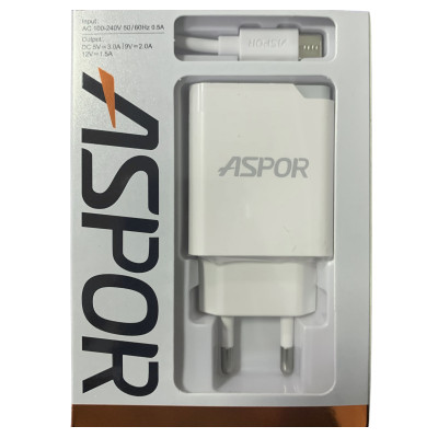 Мережевий зарядний пристрій Aspor A822 Fast Charger (18W QC3.0 1USB/3A) + USB кабель Type-C- білий Мережевий зарядний пристрій Aspor A822 Fast Charger (18W QC3.0 1USB/3A) + USB кабель Type-C- білий
