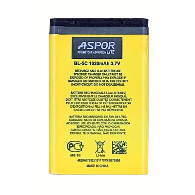 Акумулятор Aspor Lite для Nokia BL-5C (1100/3100/6030/7600/6230/6600) 1020mAh Акумулятор Aspor Lite для Nokia BL-5C (1100/3100/6030/7600/6230/6600) 1020mAh