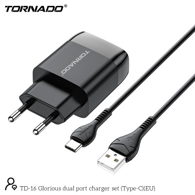 Мережевий зарядний пристрій Tornado TD-16 (2USB/2.4A/1м) + USB кабель Type-C- чорний Мережевий зарядний пристрій Tornado TD-16 (2USB/2.4A/1м) + USB кабель Type-C- чорний