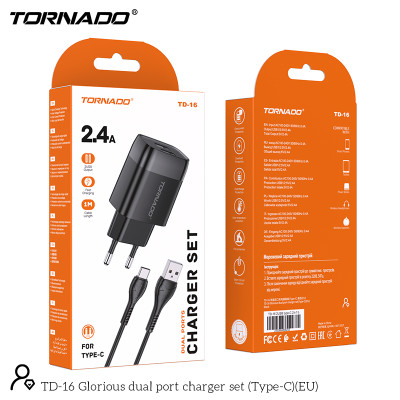 Мережевий зарядний пристрій Tornado TD-16 (2USB/2.4A/1м) + USB кабель Type-C- чорний