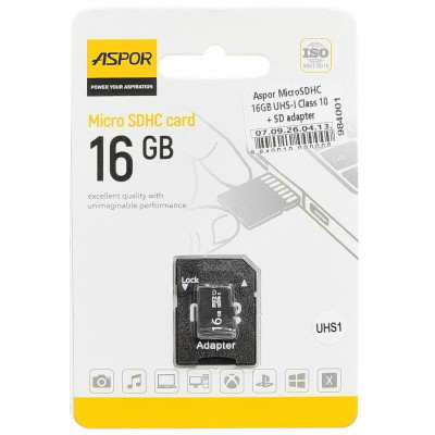 Карта пам`яті Aspor MicroSDHC 16GB UHS-I (Class 10) + SD adapter Карта пам`яті Aspor MicroSDHC 16GB UHS-I (Class 10) + SD adapter