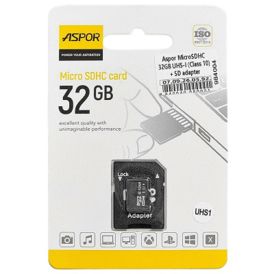 Карта пам`яті Aspor MicroSDHC 32GB UHS-I (Class 10) + SD adapter Карта пам`яті Aspor MicroSDHC 32GB UHS-I (Class 10) + SD adapter