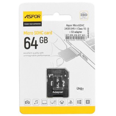 Карта пам`яті Aspor MicroSDHC 64GB UHS-I (Class 10) + SD adapter Карта пам`яті Aspor MicroSDHC 64GB UHS-I (Class 10) + SD adapter