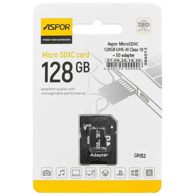 Карта пам`яті Aspor MicroSDHC 128GB UHS-III (Class 10) + SD adapter Карта пам`яті Aspor MicroSDHC 128GB UHS-III (Class 10) + SD adapter