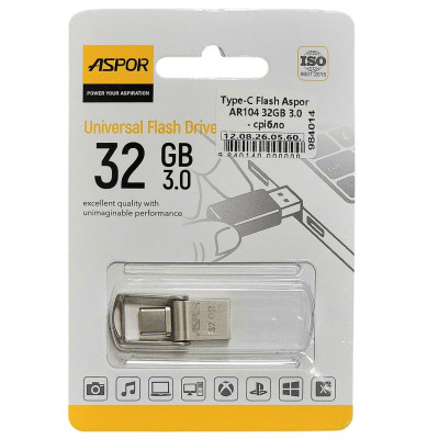 Type-C Flash Aspor AR104 32GB 3.0- срібло Type-C Flash Aspor AR104 32GB 3.0- срібло