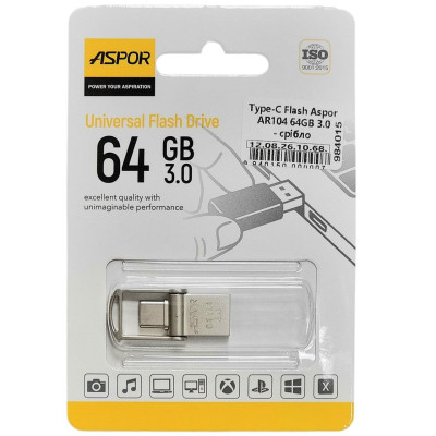 Type-C Flash Aspor AR104 64GB 3.0- срібло Type-C Flash Aspor AR104 64GB 3.0- срібло