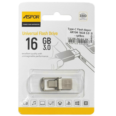 Type-C Flash Aspor AR104 16GB 3.0- срібло Type-C Flash Aspor AR104 16GB 3.0- срібло