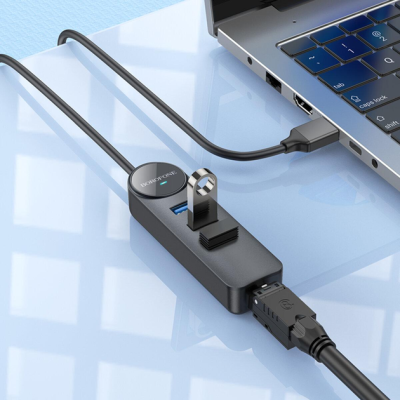USB HUB Borofone DH6 Erudite (3 порта*USB3.0+RJ45) 0.2м- чорний USB HUB Borofone DH6 Erudite (3 порта*USB3.0+RJ45) 0.2м- чорний