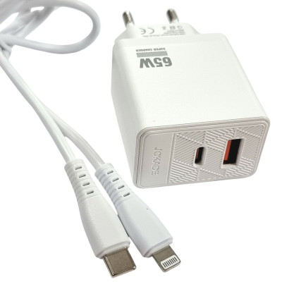 Мережевий зарядний пристрій Jokade JB090 CHAOAN 65W (USB-A+USB-C)+ кабель Type-C to Lightning- білий Мережевий зарядний пристрій Jokade JB090 CHAOAN 65W (USB-A+USB-C)+ кабель Type-C to Lightning- білий