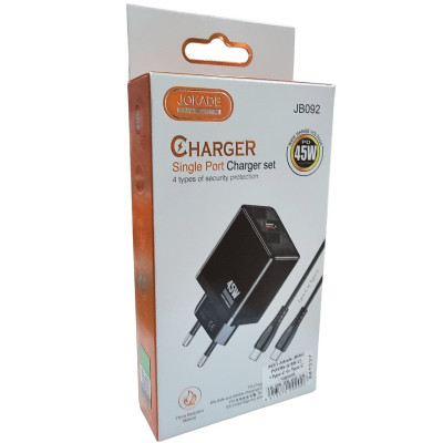 Мережевий зарядний пристрій Jokade JB092 QIAOSEN PD45W (USB-C)+ кабель Type-C to Type-C- чорний