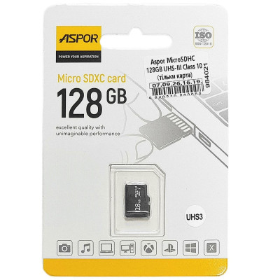 Карта пам`яті Aspor MicroSDHC 128GB UHS-III (Class 10) (тільки карта) Карта пам`яті Aspor MicroSDHC 128GB UHS-III (Class 10) (тільки карта)