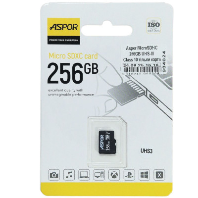 Карта пам`яті Aspor MicroSDHC 256GB UHS-III (Class 10) (тільки карта) Карта пам`яті Aspor MicroSDHC 256GB UHS-III (Class 10) (тільки карта)