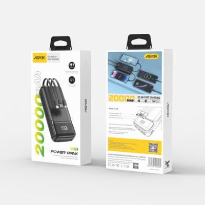 Power Bank Aspor A316 20000mAh Fast Charge (22.5W/PD+QC) + cable USB/Lightning/Type-C- чорний Power Bank Aspor A316 20000mAh Fast Charge (22.5W/PD+QC) + cable USB/Lightning/Type-C- чорний