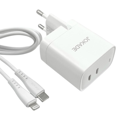 Мережевий зарядний пристрій Jokade JB084 WANGYUAN 30W (2USB-C)+ кабель Type-C to Lightning- білий